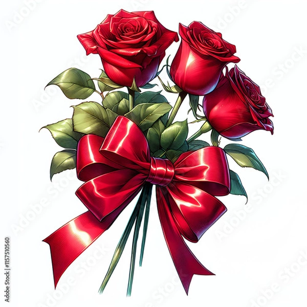 Fototapeta Red roses with bow, Valentine's day floral arrangement 