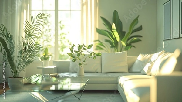 Obraz Bright Modern Living Room with cool sectional sofa and Green Plants. 3d Rendering