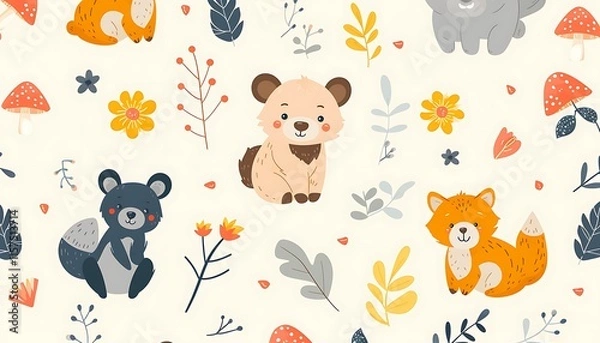 Fototapeta An adorable pattern featuring cute animals like bears and foxes surrounded by mushrooms and flowers. The soft cream background adds warmth.
