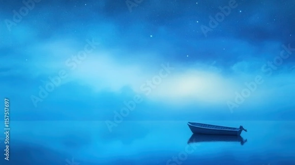 Fototapeta Tranquil Blue Landscape with a Lonely Boat Under a Starry Night Sky
