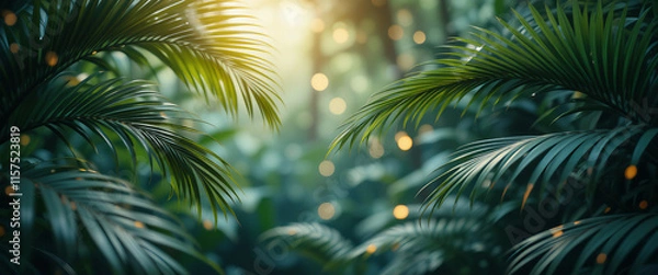 Fototapeta Lush green foliage thrives in a tropical rainforest environment, illuminated by the warm glow of the setting sun, creating a vibrant and serene natural scene.