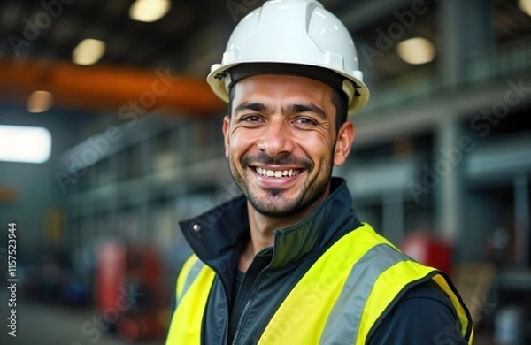 Fototapeta Smiling hispanic male mechanical engineer wears safety hard hat in metal factory. Pro, happy worker in manufacturing environment. Focused on camera. Factory worker looks friendly, confident.