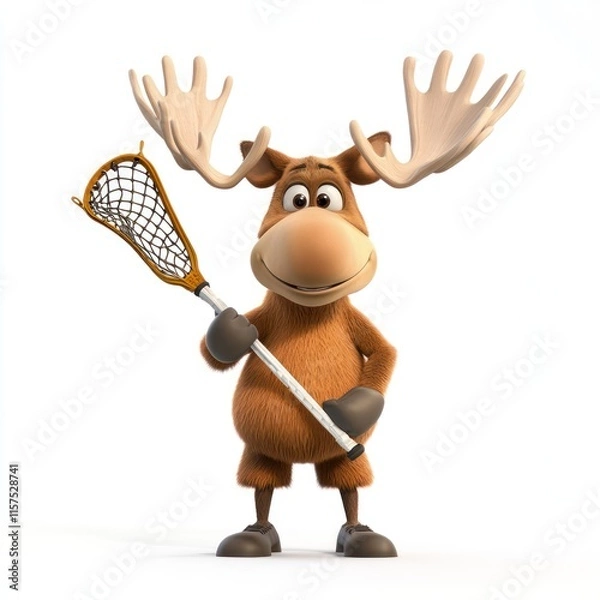 Fototapeta A cute moose playing lacrosse. vector style art 3d illustration Isolated on White Background 