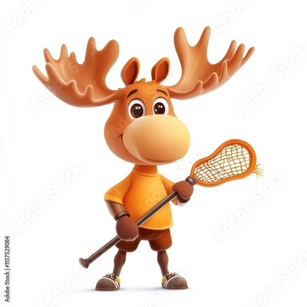Fototapeta A cute moose playing lacrosse. vector style art 3d illustration Isolated on White Background 