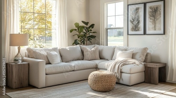 Obraz Cozy Living Room with Beige Sectional Sofa and Sunlit Windows. 3d Rendering