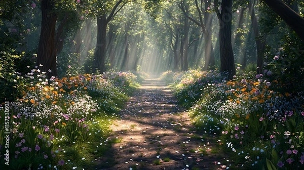 Fototapeta Golden sunlight filters through the leaves of ancient trees, painting the forest floor with dappled light and casting long shadows