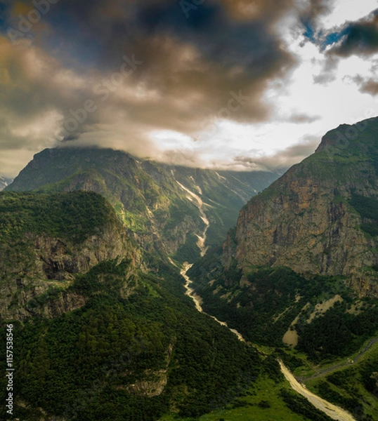 Fototapeta Beautiful aerial view of the mountain gorge. Landscape and nature of the North Caucasus