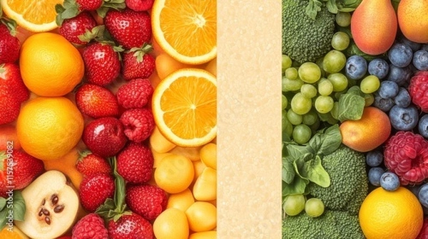 Fototapeta Fresh assortment of colorful fruits and vegetables arranged appealingly for a healthy meal preparation