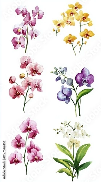 Obraz A watercolor botanical set featuring orchids soft leaves and slender branch patterns.