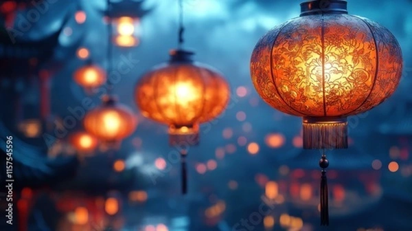 Fototapeta A serene night scene featuring glowing lanterns illuminating a tranquil setting.