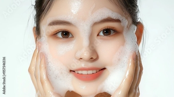 Fototapeta Skincare routine featuring a young woman washing her face with foam in a bright, well-lit space during daytime
