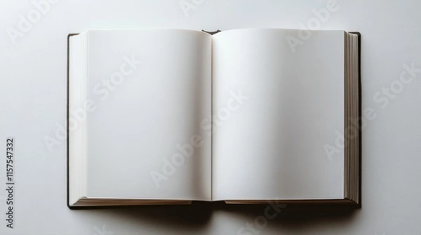 Fototapeta Open blank notebook lying on a white surface ready for thoughts and ideas during a quiet afternoon