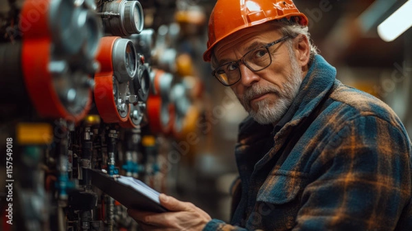 Fototapeta Middle-Aged Home Inspector Examining Plumbing and Electrical Systems in Technical Room