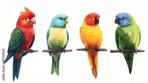 Fototapeta Four brightly colored parrot-like birds are displayed side-by-side on a black background.