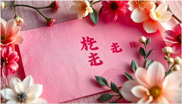 Obraz New Year's greeting card showcasing pink washi paper with intricate Japanese patterns, including a hemp leaf motif, surrounded by delicate floral elements.