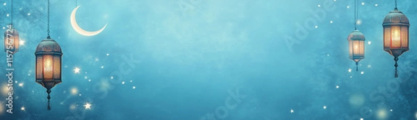 Fototapeta Ramadan background, in pastel blue color, with ample copy space for text and graphics