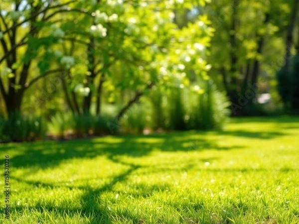 Fototapeta Lush Green Grass Under a Bright Sunlight With Blurred Trees and Vibrant Foliage in a Peaceful Outdoor Setting Ideal for Nature Photography and Relaxation