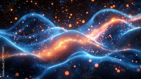 Fototapeta A digital connection structure with computer geometric designs, set against a business intelligence technology background, showcasing deep learning binary code algorithms in an abstract 3D rendering.