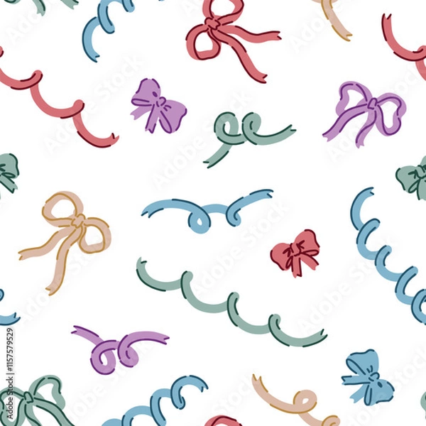 Obraz Seamless pattern of various bows, gift ribbons, bowknots in cartoon style. Present wrapping decoration ornament. Vector design for holiday.