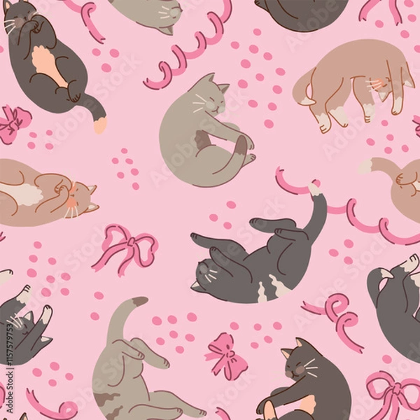 Obraz Seamless pattern of cute sleeping cats and bows. Pet animals, kitten ornament. Flat vector illustration.