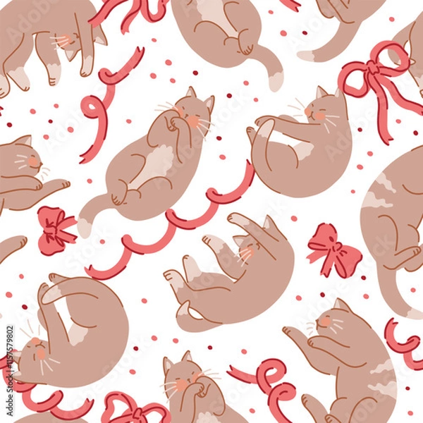 Obraz Seamless pattern of cute sleeping cats and bows. Pet animals, kitten ornament. Flat vector illustration.
