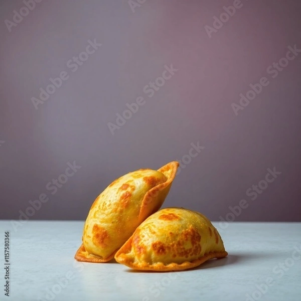Obraz Two crispy fried empanadas on a table, isolated.