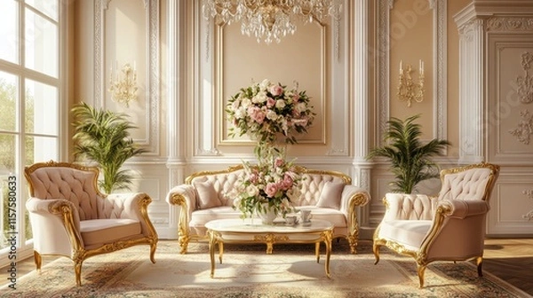 Obraz Elegant Living Room with Floral Arrangement and Luxurious Decor