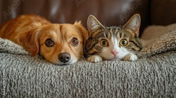 Fototapeta A scared dog and cat hide behind a sofa because they are afraid of fireworks or thunderstorms. 