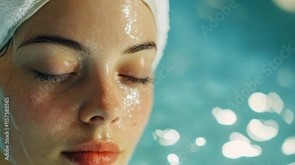 Fototapeta Close-up of a woman with wet skin and towel on her head relaxing in water with sparkling reflections