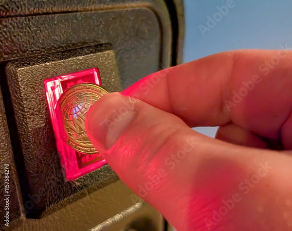 Fototapeta hand Putting a coin into an arcade game slot