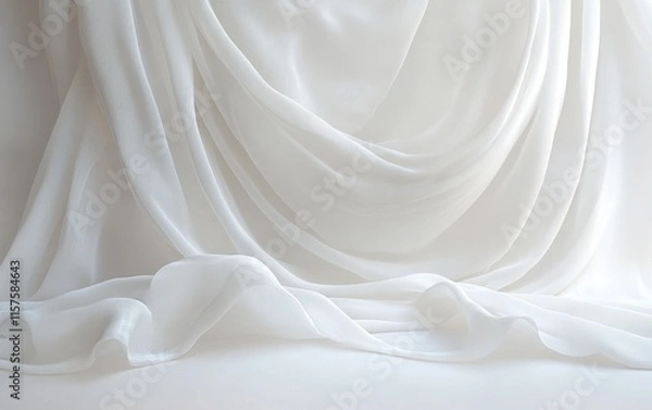 Fototapeta Elegant Draped White Fabric Texture Background: Soft, Smooth, and Luxurious Chiffon or Silk Material