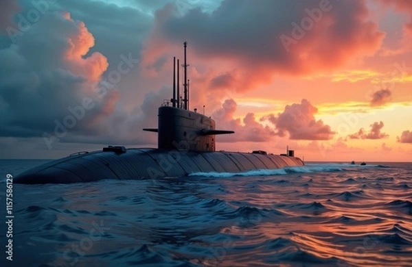 Fototapeta Powerful submarine sails in ocean during sunset. Colorful sky with clouds above water surface. Military vessel glides through water. Naval forces concept. Beautiful landscape of sea, sky. War tech.