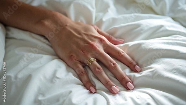 Obraz Intimate Moment: Woman's Hand Clutching White Sheets in Ecstasy - Perfect for Lifestyle Blogs and Relationship Articles