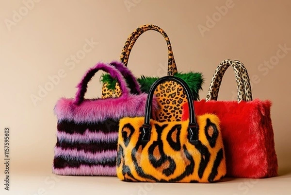 Obraz Colorful furry handbags showcase bold patterns and unique textur