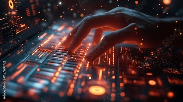Fototapeta Cybersecurity Analyst Typing with Holographic Data