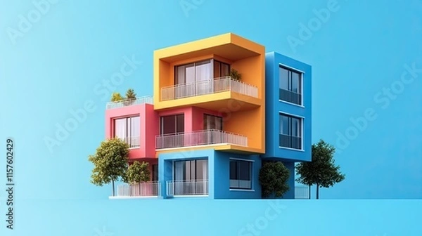 Fototapeta A minimalist isometric building clipart with bright colors