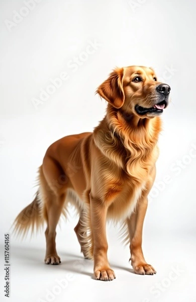 Fototapeta Golden retriever dog stands in studio. Animal looking upward. Dog happy expression. Image on transparent background with shadow. Image closeup portrait. Animal healthy, adorable. Pet well-groomed.