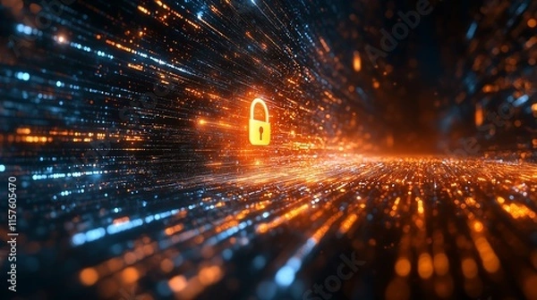 Obraz Cyber Defense Wall with Data Streams and Secure Padlock