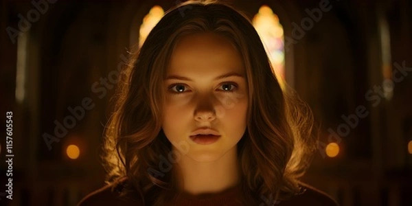 Fototapeta A young woman with medium-length hair is staring directly at the viewer, illuminated by soft lighting, set against a dark, ornate background. Concept Intimate Portrait, Soft Lighting