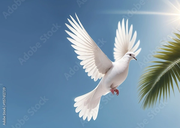 Fototapeta A white dove is a symbol of peace in the bright rays of the sun against a blue sky.