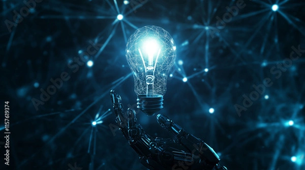 Fototapeta Robot Hand Holding Glowing Light Bulb Symbolizing Innovation Technology and Future Ideas on Blue Background