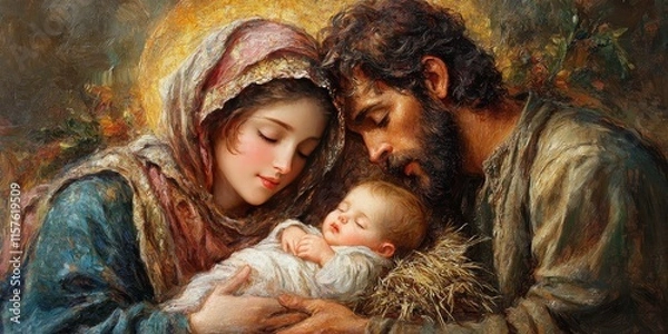 Obraz Illuminated Mary and Joseph Caressing Baby Jesus Nativity Scene Painting 