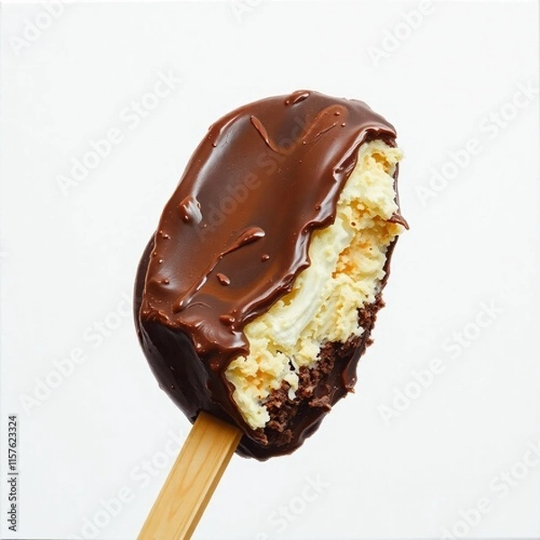 Obraz Chocolate ice cream bar on a wooden stick, isolated on a white background.