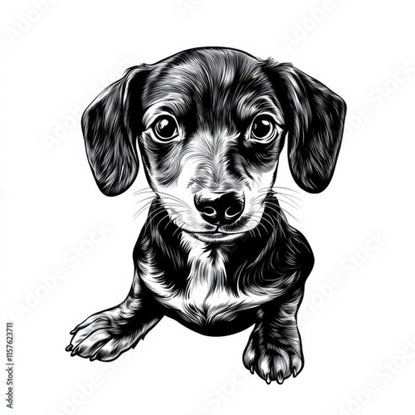 Fototapeta A cartoon style dachshund puppy showcases its adorable features on a clean white background. The puppy's big eyes and playful expression evoke joy and warmth, making it simply irresistible