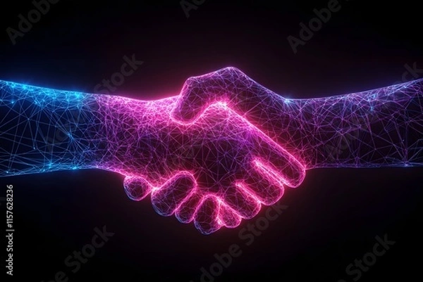 Fototapeta A business handshake made of glowing neon lines, dissolving into a network of digital connections symbolizing virtual collaboration