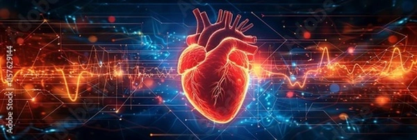 Fototapeta A vibrant, detailed human heart pulsates against a backdrop of swirling electrical waves and glowing circuitry, symbolizing the intricate electrical activity that drives the heart's rhythm.
