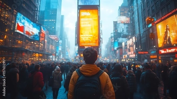 Obraz Person with Backpack Amidst Bright City Lights