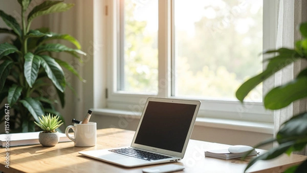 Fototapeta Modern Workspace: Stylish Desk with Laptop and Design Tools for Creative Professionals and Remote Work Inspiration