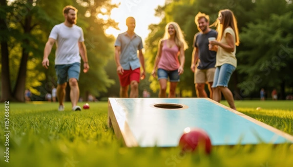 Fototapeta Friends Enjoying a Cornhole Game in the Park