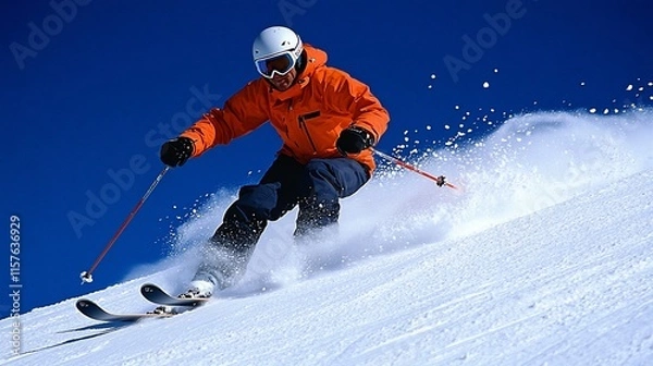 Fototapeta Skier carving down a snowy slope on a sunny day.